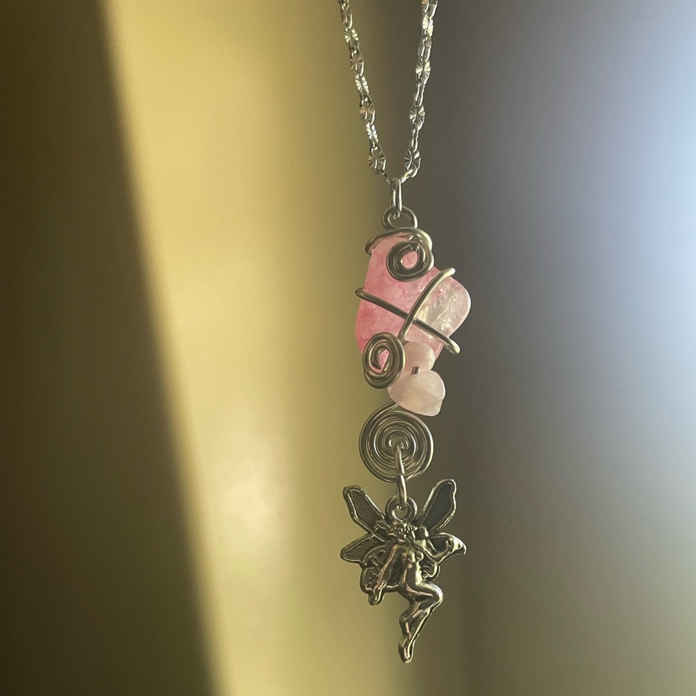 Pink Rose Quarts Crystal Fairy Pendant Necklace - Women's Jewelry